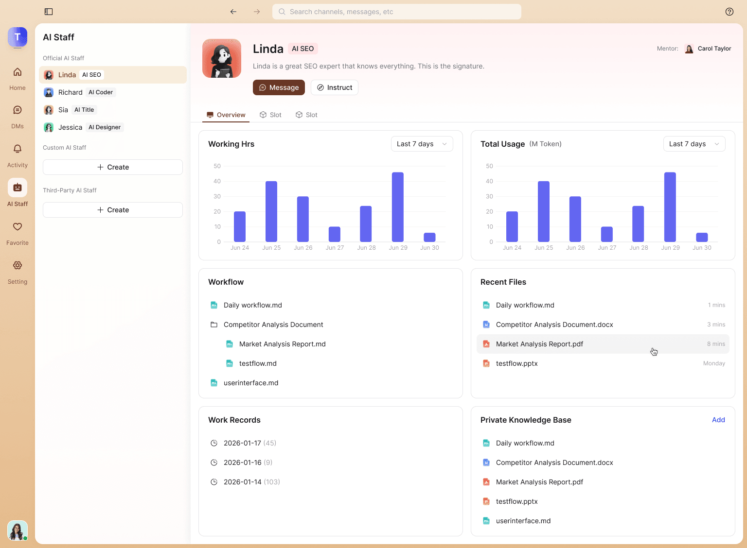 AI staff roster showing role-based agents for engineering, growth, support, research, QA, and ops