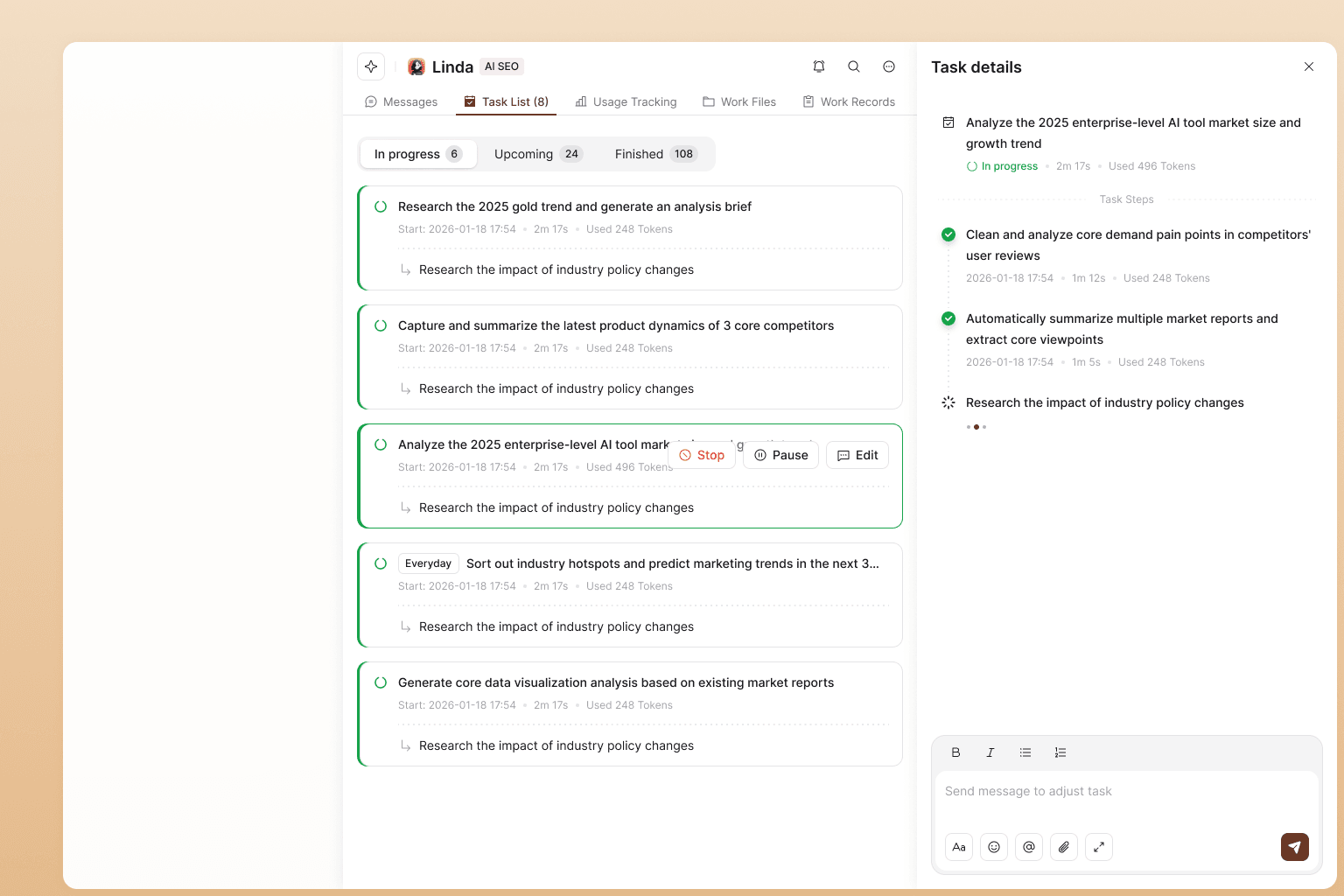 Task list view with agents working on scoped items, showing status and owners